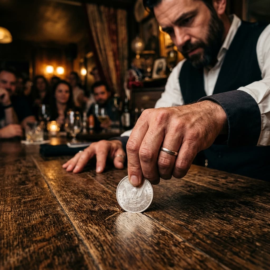 Münze durch den Tisch Zaubertrick in der Ausführung